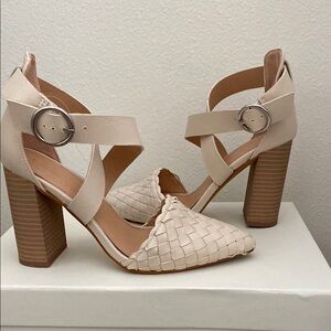 elegant cream block heel sandals